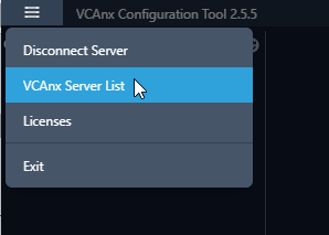 VCAnx server list menu